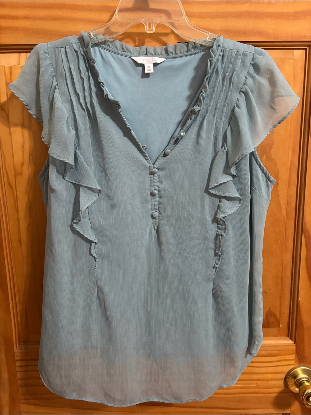 LC Lauren Conrad Dusty Blue Ruffle Cap-Sleeve Blouse